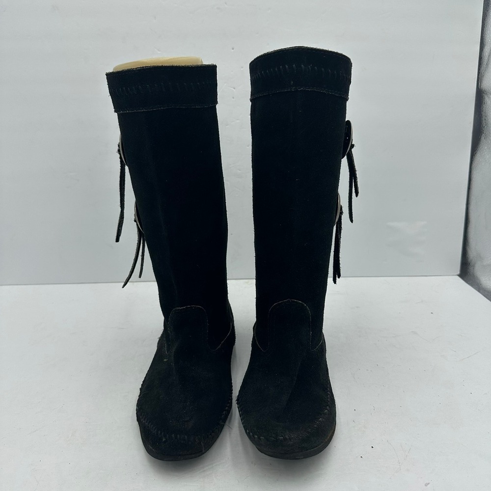 Minnetonka Womens Black Suede Moccasin Mid Calf Boots Concho Button Size 7 - Picture 2 of 8